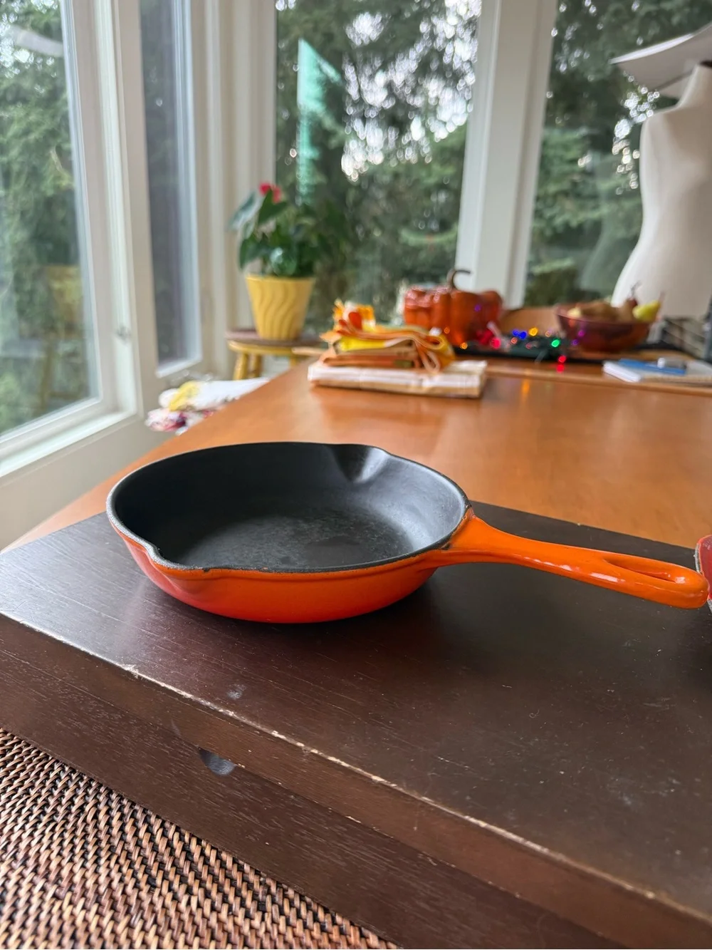 Le Creuset Orange Enameled Cast Iron Skillet. Read about the lid.